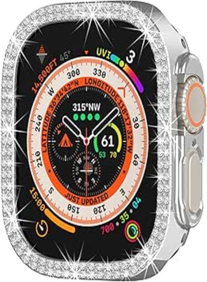 Compatible with Apple Watch Ultra 2 /Apple Watch Ultra 49mm Double Row Bling Diamond Case PC Bumper Protective Cases Women Girls Crystal Shining Rhinestone Cases Smartwatch Accessories Case (Silver)